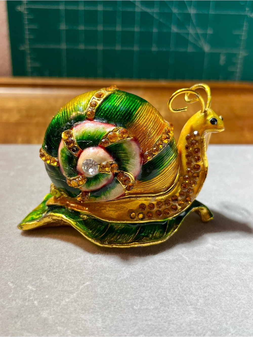 Vibrant Enamel Snail Hinged Trinket Box Jeweled Rhinestone Collectible